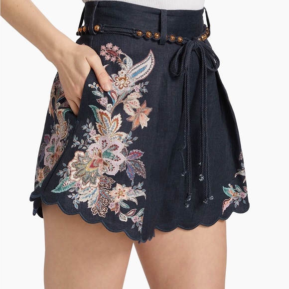 Zimmermann Rhiannon Tuck Paisley Linen Shorts Women 12 US Navy Floral High Waist - Picture 17 of 17